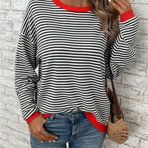 Emery Rose Striped Black & White Cozy Fall Sweatshirt w/ Red Accents Size M EUC